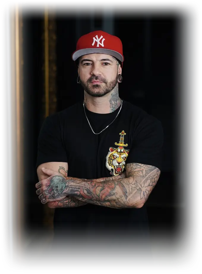 Eduardo Costa (Duk Tattoo), Brazilian geometric tattoo artist, in his tattoo studio in Boca Raton, Florida