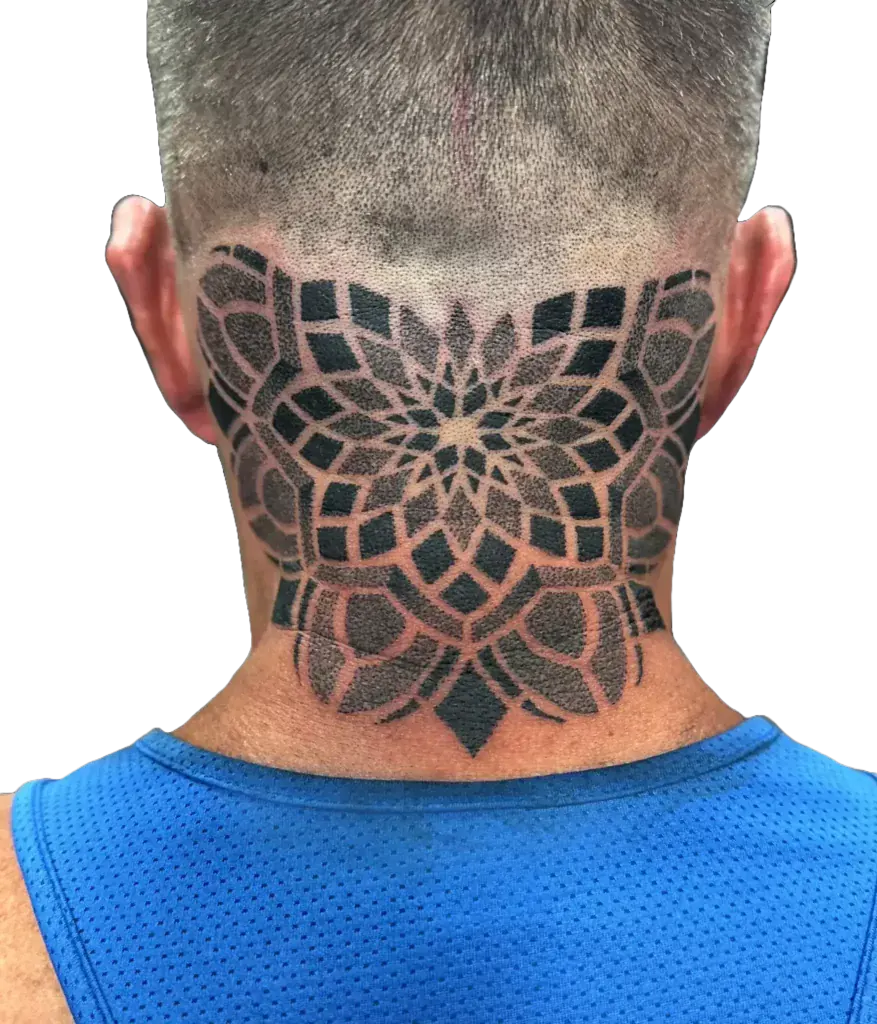 Back of the neck ornamental mandala tattoo in blackwork and dotwork by Duk Tattoo, Boca Raton, Florida
