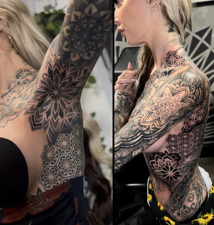 Geometric full sleeve and side ribs tattoo with dotwork mandalas and hexagon flower patterns on a woman, shown in two views, by Duk Tattoo, Boca Raton, Florida