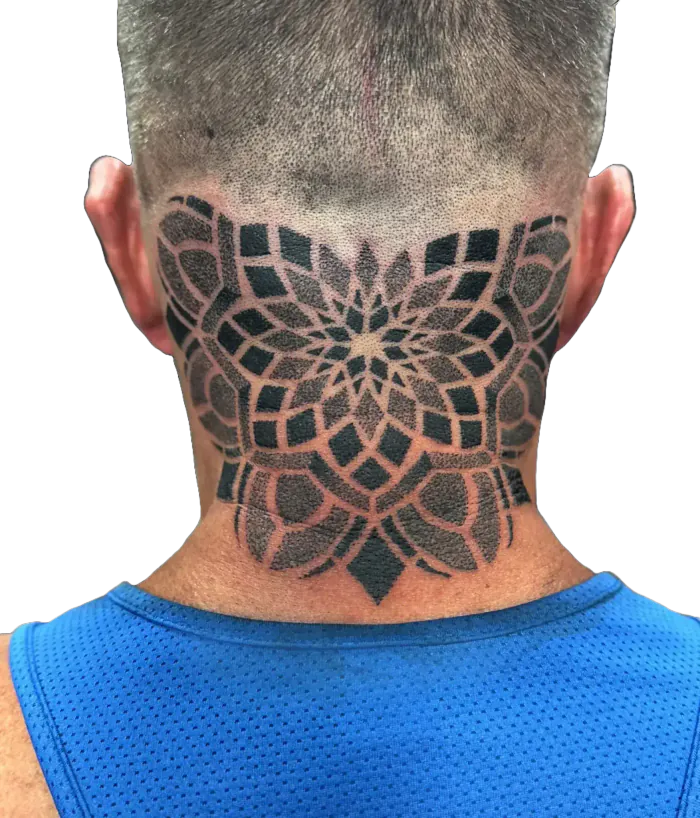 Back of the neck ornamental mandala tattoo in blackwork and dotwork by Duk Tattoo, Boca Raton, Florida
