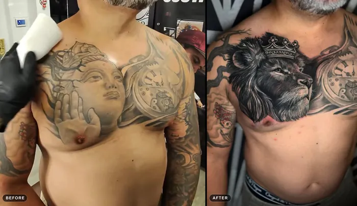 Before and after cover-up tattoo: an old chest piece reworked into a crowned lion and a pocket watch in black and grey by Duk Tattoo, Boca Raton, Florida