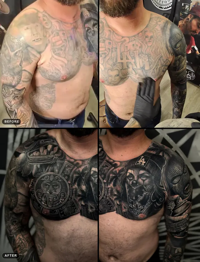 Before and after cover-up tattoo: faded chest and arm tattoos covered with a Chicano style black and grey chest piece with an Aztec calendar, a masked clown girl and sleeves by Duk Tattoo, Boca Raton, Florida