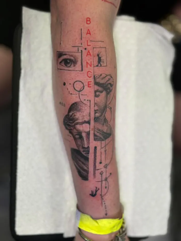 Fine line forearm tattoo with classical statue faces, an eye and the word Balance by Duk Tattoo, Boca Raton, Florida