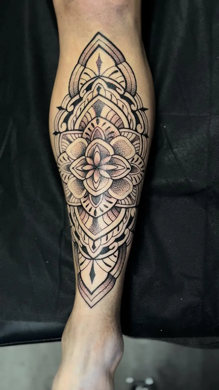 Fine line ornamental mandala tattoo with lace and dotwork details along the forearm by Duk Tattoo, Boca Raton, Florida