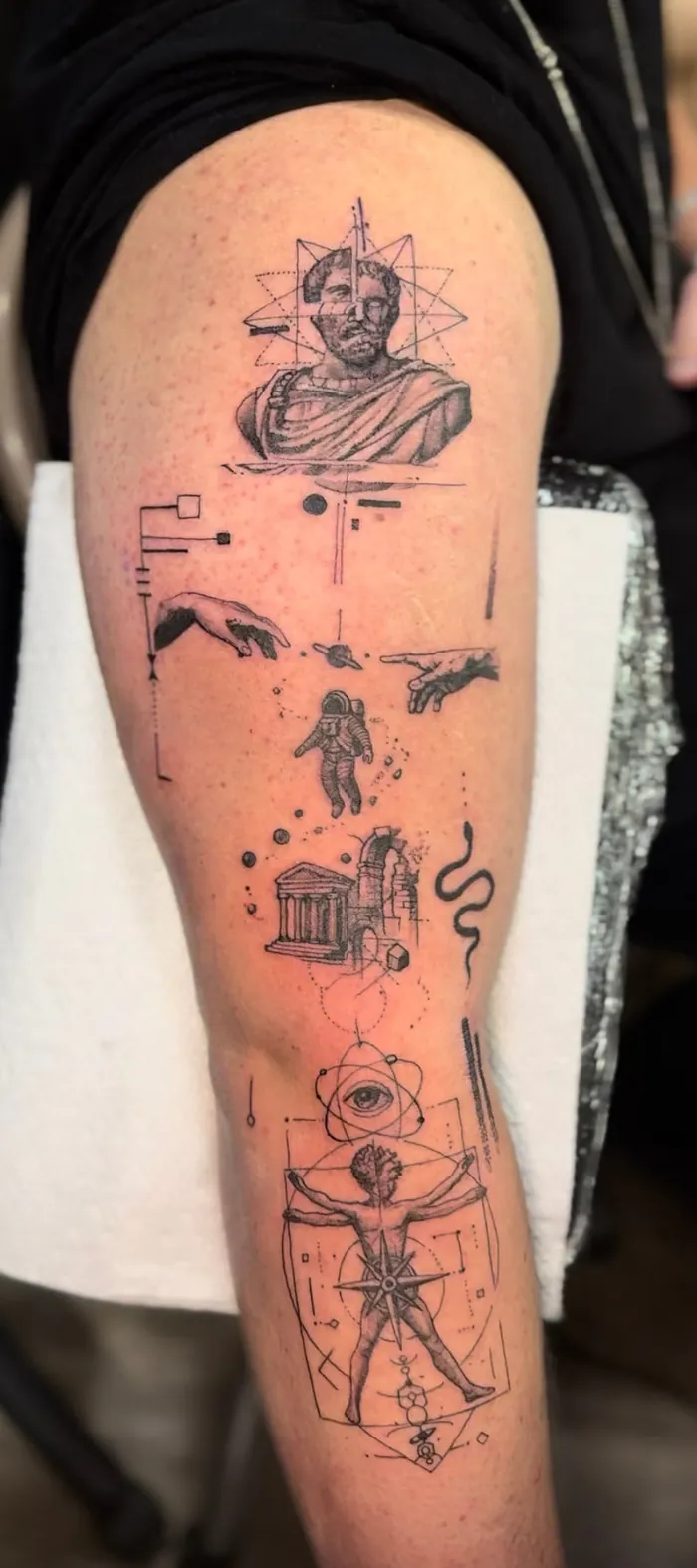 Fine line forearm tattoo with a patchwork of classic symbols, a statue bust and the Vitruvian Man by Duk Tattoo, Boca Raton, Florida