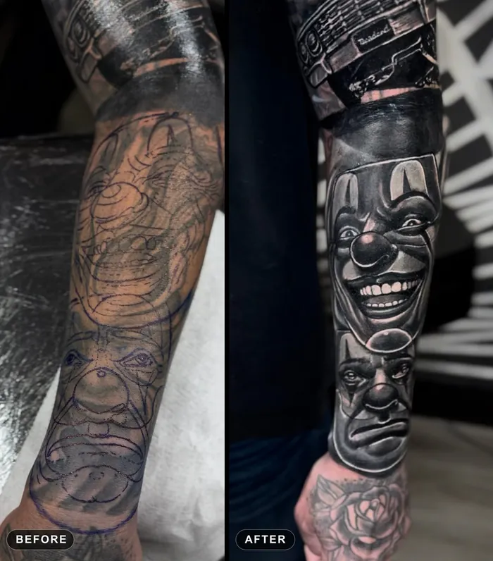 Before and after cover-up tattoo: an old forearm tattoo covered with black and grey clown faces and a rose by Duk Tattoo, Boca Raton, Florida