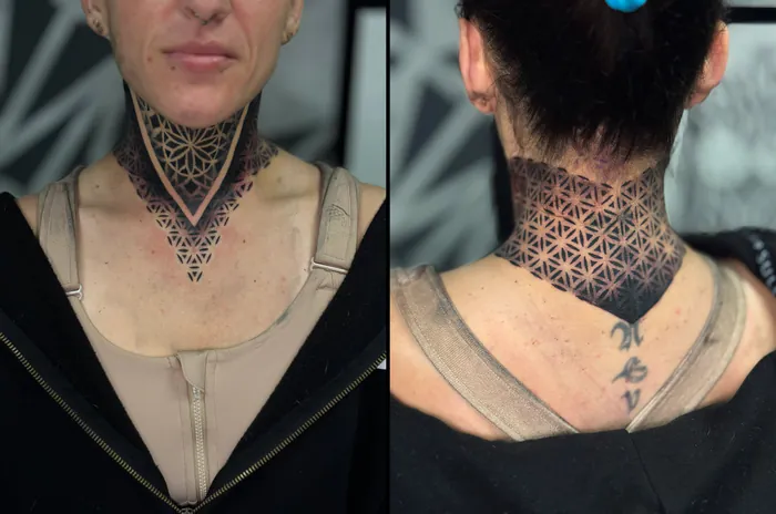 Geometric neck tattoo shown front and back, with a flower of life pattern and V shapes on a woman by Duk Tattoo, Boca Raton, Florida