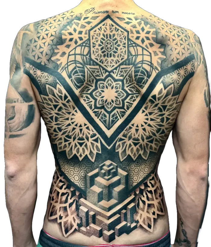 Full back piece sacred geometry tattoo with mandalas and a 3D cube in black and grey dotwork by Duk Tattoo, Boca Raton, Florida