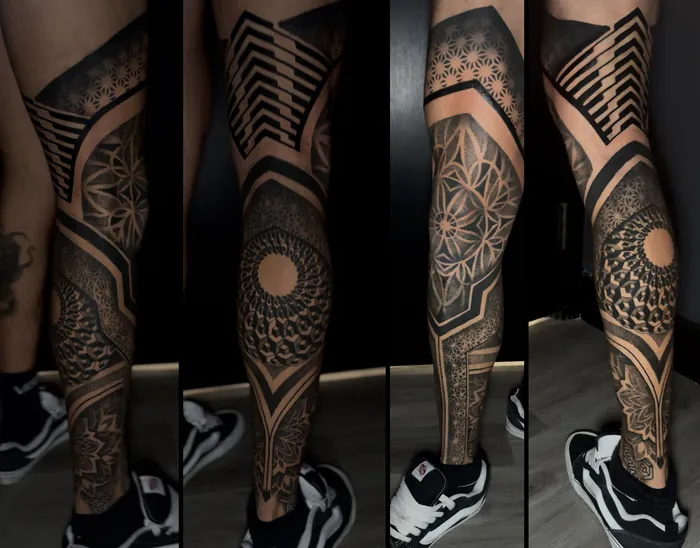 Full leg geometric sleeve tattoo with bold blackwork bands, flower of life and mandala dotwork, shown in four views, by Duk Tattoo, Boca Raton, Florida