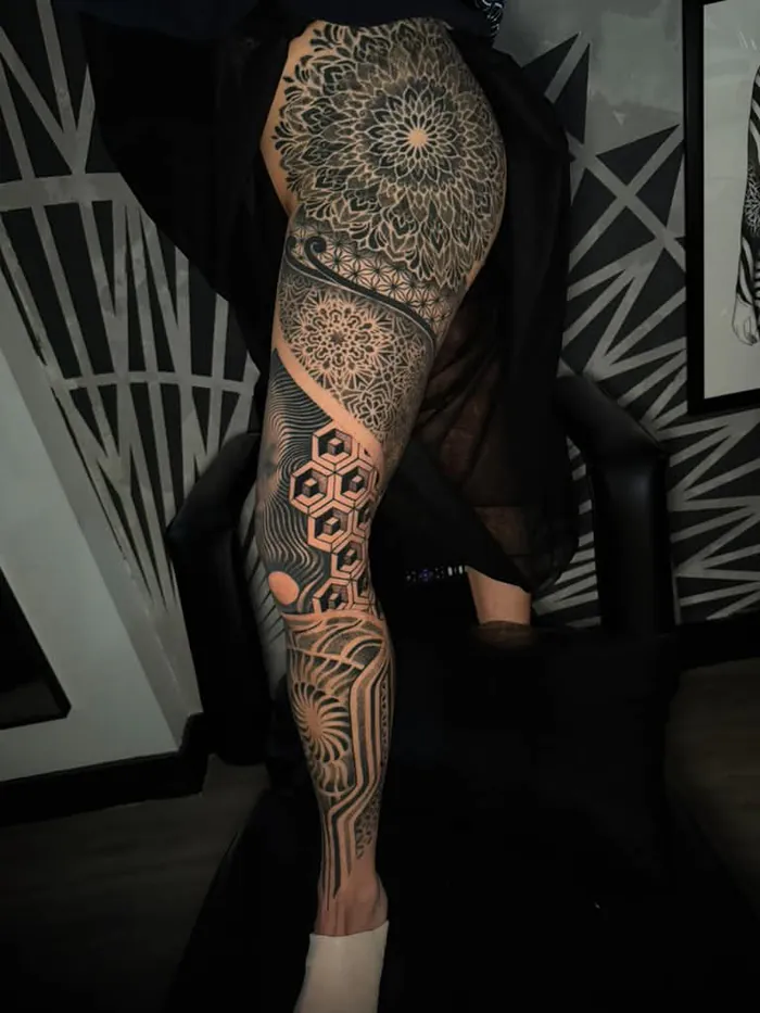 Full leg sleeve geometric tattoo with mandalas, hexagon patterns and dotwork shading by Duk Tattoo, Boca Raton, Florida