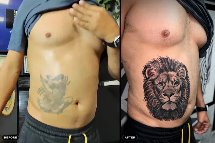 Before and after cover-up tattoo: an old faded stomach tattoo covered with a realistic black and grey lion by Duk Tattoo, Boca Raton, Florida