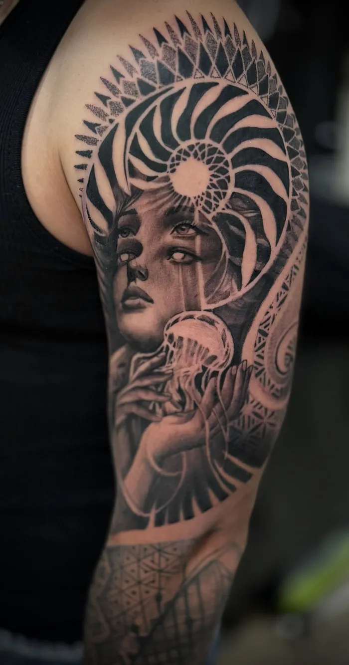Black and grey upper arm tattoo of a woman portrait holding a jellyfish under a geometric spiral by Duk Tattoo, Boca Raton, Florida